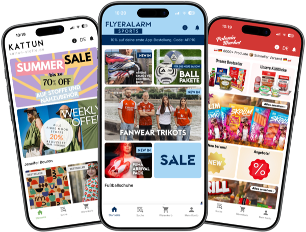 Die JTL-Shops Kattun, Flyeralarm Sports und Polonia Market als eigene App